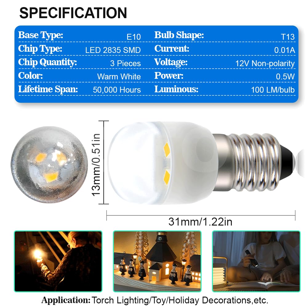 SOFOC E10 Ciepła Biała Żarówka LED Miniaturowa 10mm Trzonek Gwintowany do Panelu Instrumentów/Automatu Pinball/Latarki/Oświetlenia Dekoracyjnego 12V 10Szt.