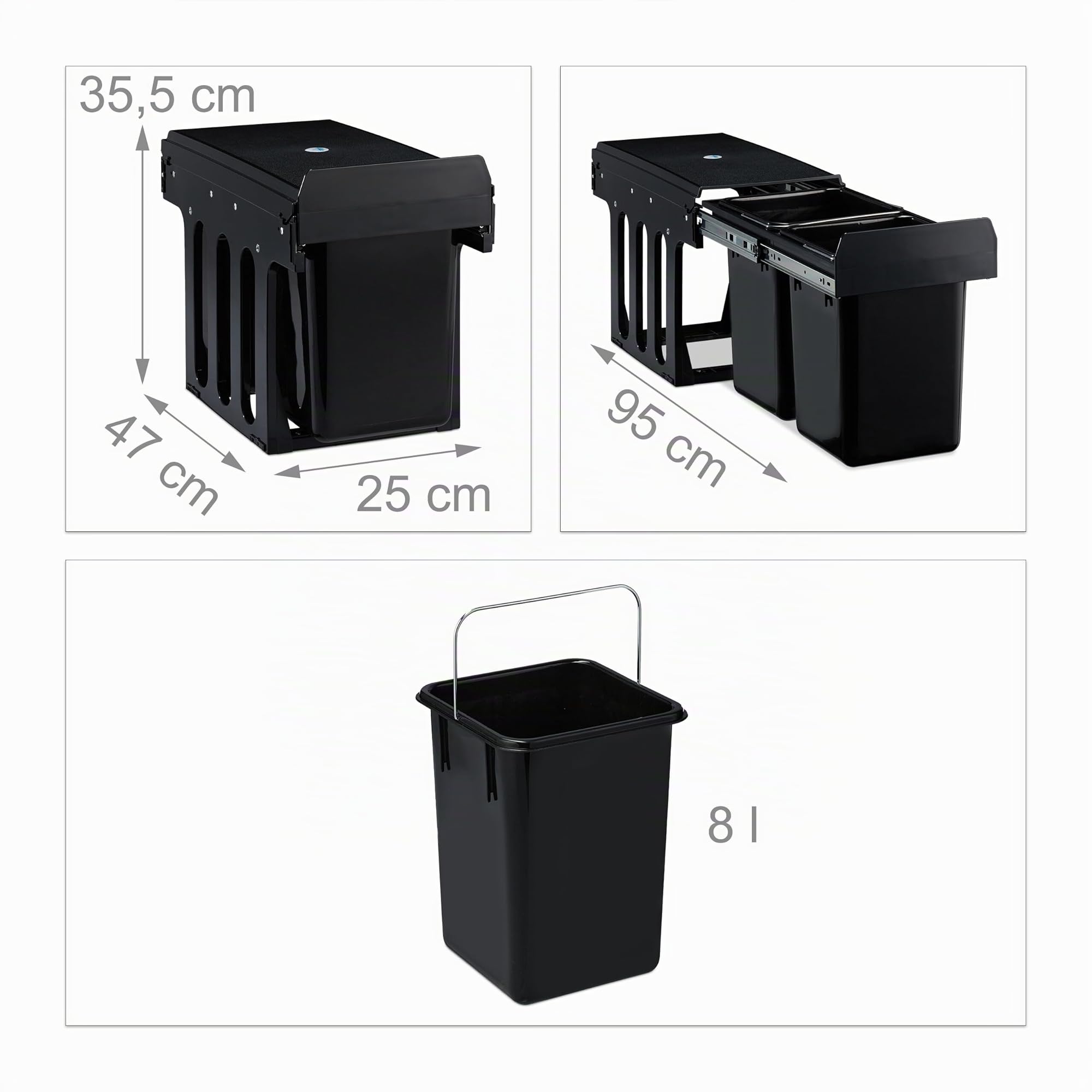 Relaxdays Pattumiera Estraibile con 2 Secchi, Bidoni Raccolta Differenziata Sotto Lavello, 2x 8 l, 35,5x25x47 cm, nero