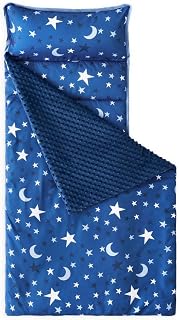 Wake In Cloud - Toddler Nap Mat with Pillow and Minky Fleece Blanket, for Kids Boys Girls in Daycare Preschool Kindergarten, Roll Up Sleeping Bag, Space Moon Blue, Standard Size