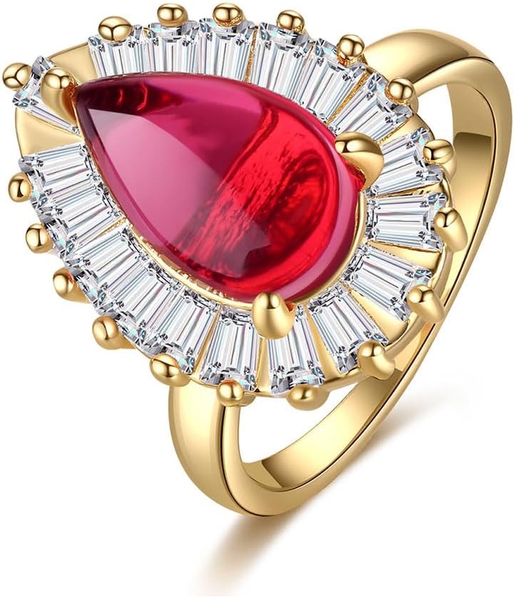 14K Gold Cabochon Red Moissanite Ring, Oversized Teardrop Cocktail Jewelry for Women
