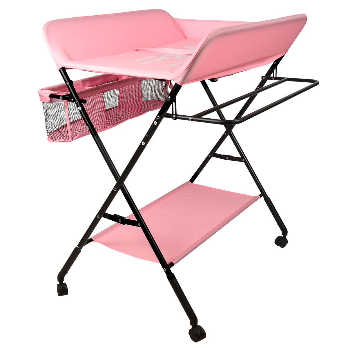 SHISHI Fasciatoio Portatile Pieghevole, Fasciatoio a Piedi per Neonati, Fasciatoio da Viaggio, Materassino Fasciatoio Impermeabile e Lavabile, Protegge la Vita (80×66×(92-98) cm, Rosa acceso-nero A)