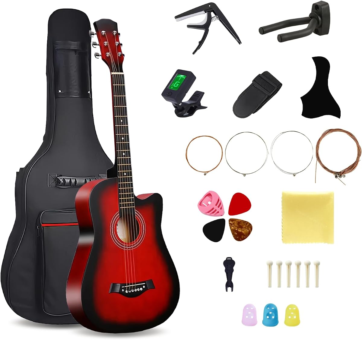 Guitarra acústica de madera de 38 pulgadas para adultos, guitarra acústica de 6 cuerdas de acero con bolsa para guitarra, tutorial elemental de guitarra popular para principiantes.