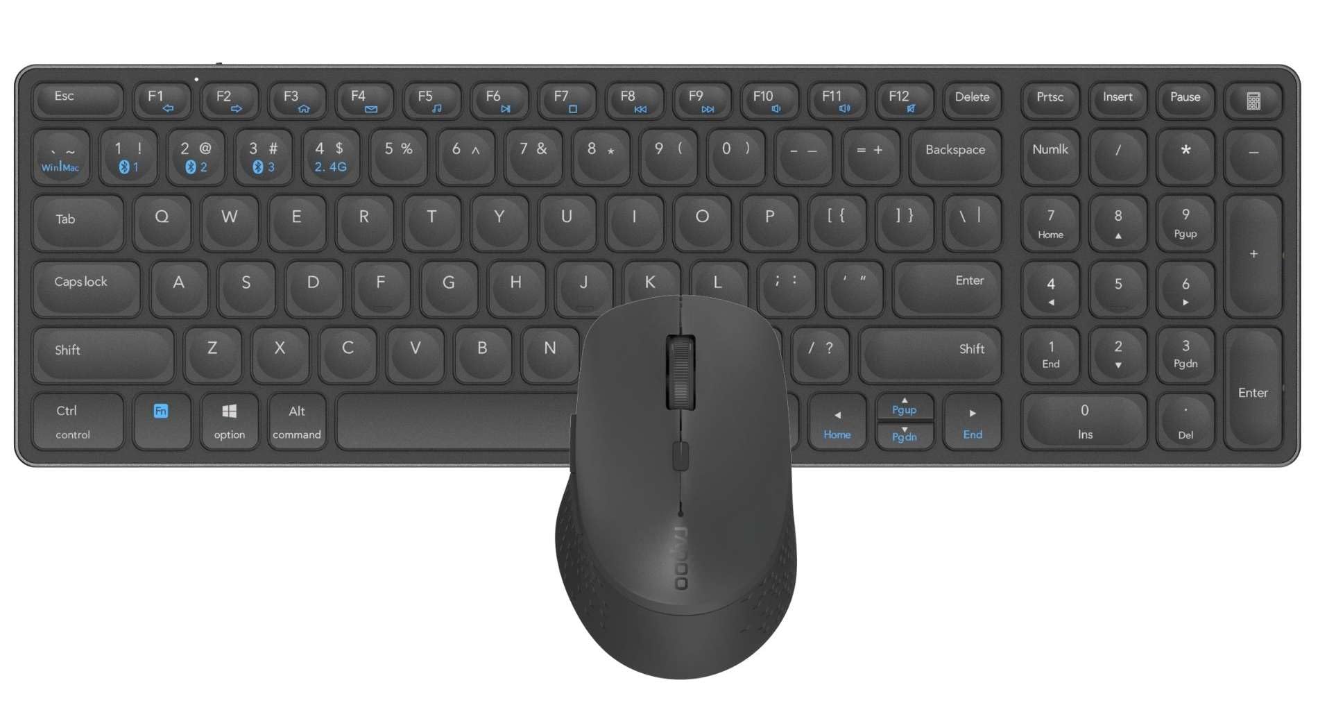 RAPOO | Tastiera e mouse wireless 9700M (tastiera QWERTY e mouse ergonomico Bluetooth, compatibile con Windows e Mac, batteria ricaricabile, clic silenzioso, connessione a più dispositivi)