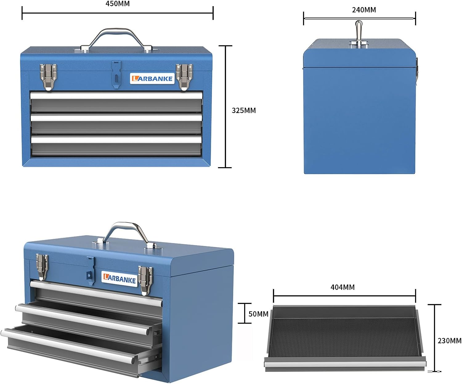 LARBANKE Portable Tool Box with 3 Drawers and Top Storage Tray, Cabinet with Steel Safety Lock, Drawer Tool Box with Ball Bearing Slides for Garages, Warehouses, Repair Shops and Homes