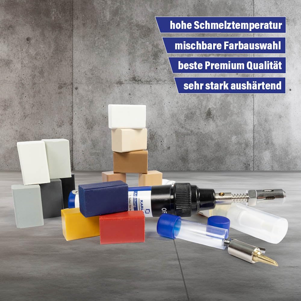 Karl Dahm Fliesen Reparatur Set mit Gasbrenner - hochwertiger Keramik-Füllstoff & Werkzeug zum Ausbessern von Fliesenschäden - einfach & präzise