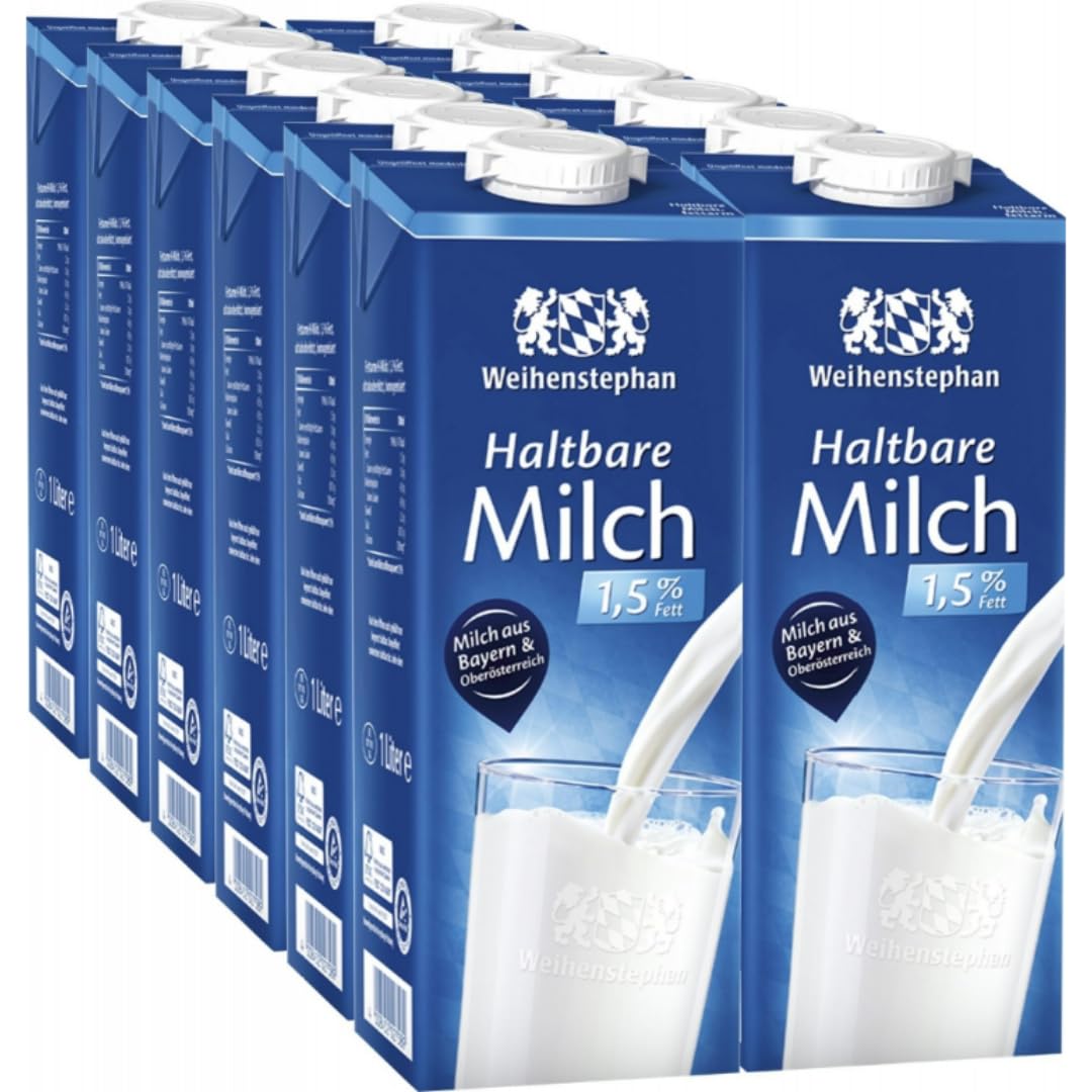 Weihenstephan Haltbare Milch 1,5% 1000 Mililiter x 12 Stück Mit Pufai Überraschungsgeschenk,