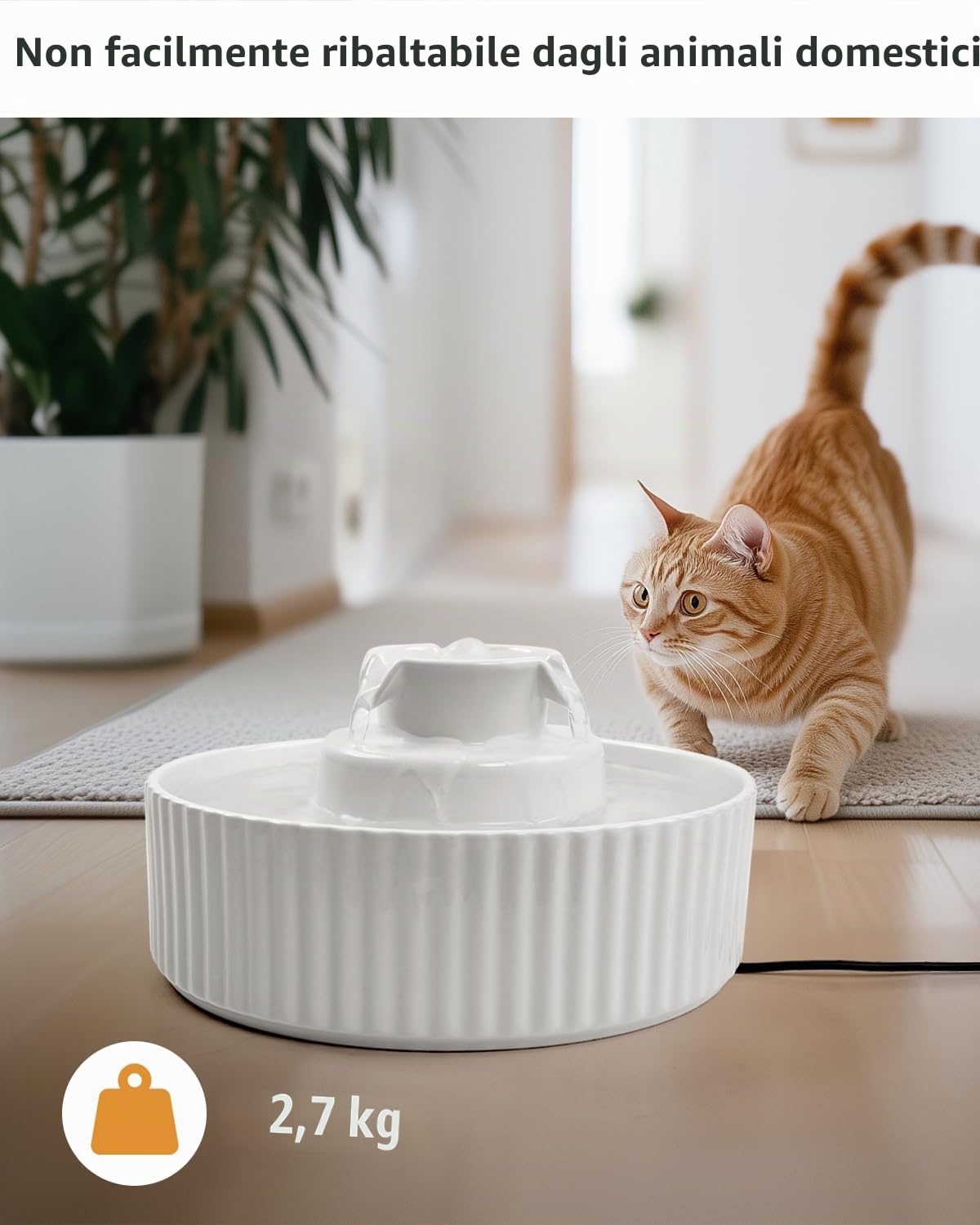 Fontana in ceramica per gatti, 2,1 l, con 1 filtro e schiuma e 1 pompa ultra silenziosa, colore bianco
