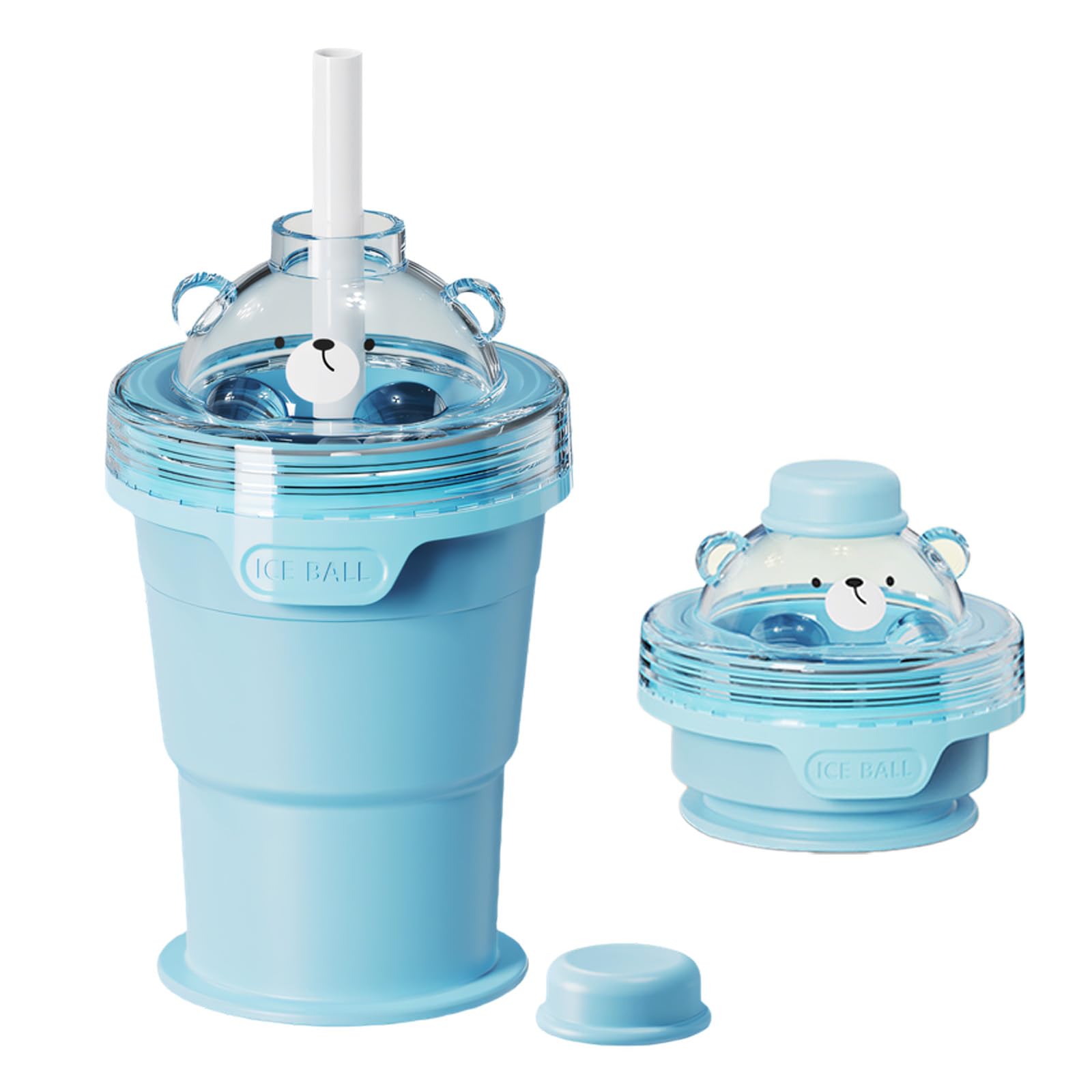 PURPLELILY Foldable Silicone Ice Ball Tray Travel Cup Multipurpose with Leak Proof Lid Cover and Straw for Drink Travelling Collapsing Travel Cup with Straw