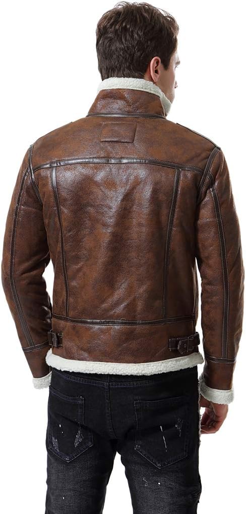 AOWOFS Men's Faux Leather Jacket Brown Motorcycle Bomber Shearling Suede Stand Collar Large Brown