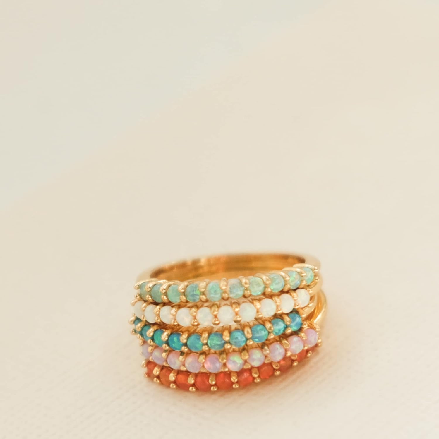 Dainty Opal Half Eternity Band Ring | 18K Gold Plated Sterling Silver Stacking Bands | Rainbow Ring Stack Minimalist Birthstone Jewelry Gift for Her - Image 8