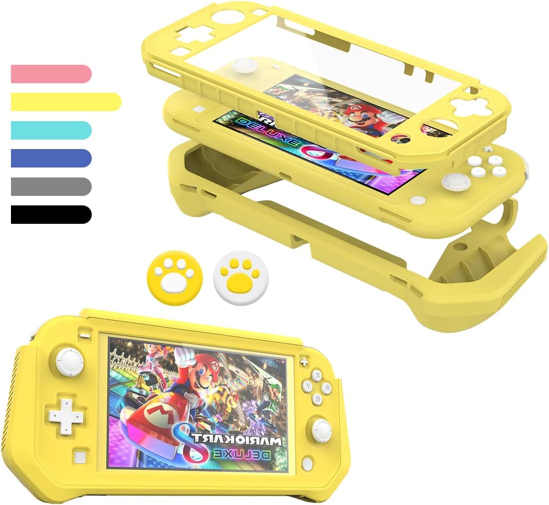 FIWWATSwitch Lite Case Protective Case for Nintendo Switch Lite, Compatible with Nintendo Switch Lite Cover with Built-in PC Screen Protector Hand Grip Case with 2 Thumb Grip Caps, Yellow