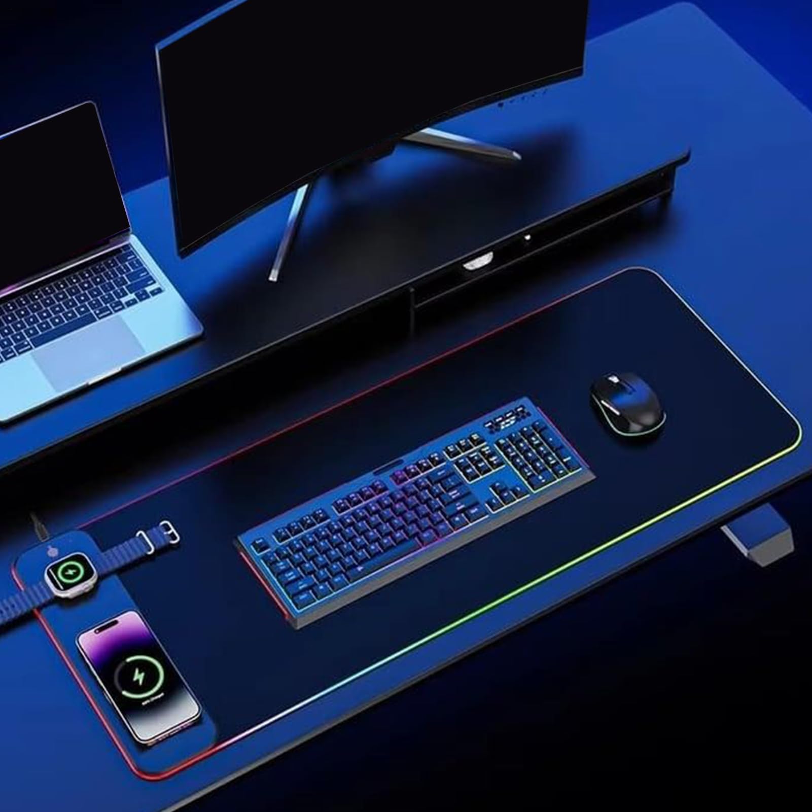 Tappetino Mouse LED Ricaricatore Wireless Impermeabile RGB 15W | 80x30 cm Mouse Pad Gaming Ricarica Rapida Magnetica Antiscivolo Per PC Gaming Smartphone Laptop Scrivania Sala Giochi