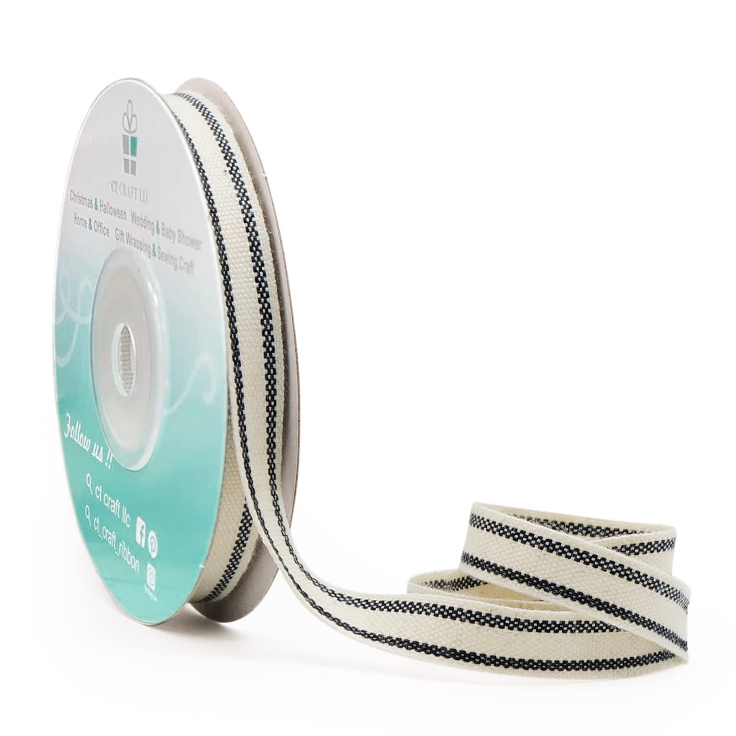 Photo 1 of CT CRAFT LLC Natural Cotton Stripes Ribbon - 3/8 inch (10 mm) x 10 Yards x 1 Roll - Black Black 10mm