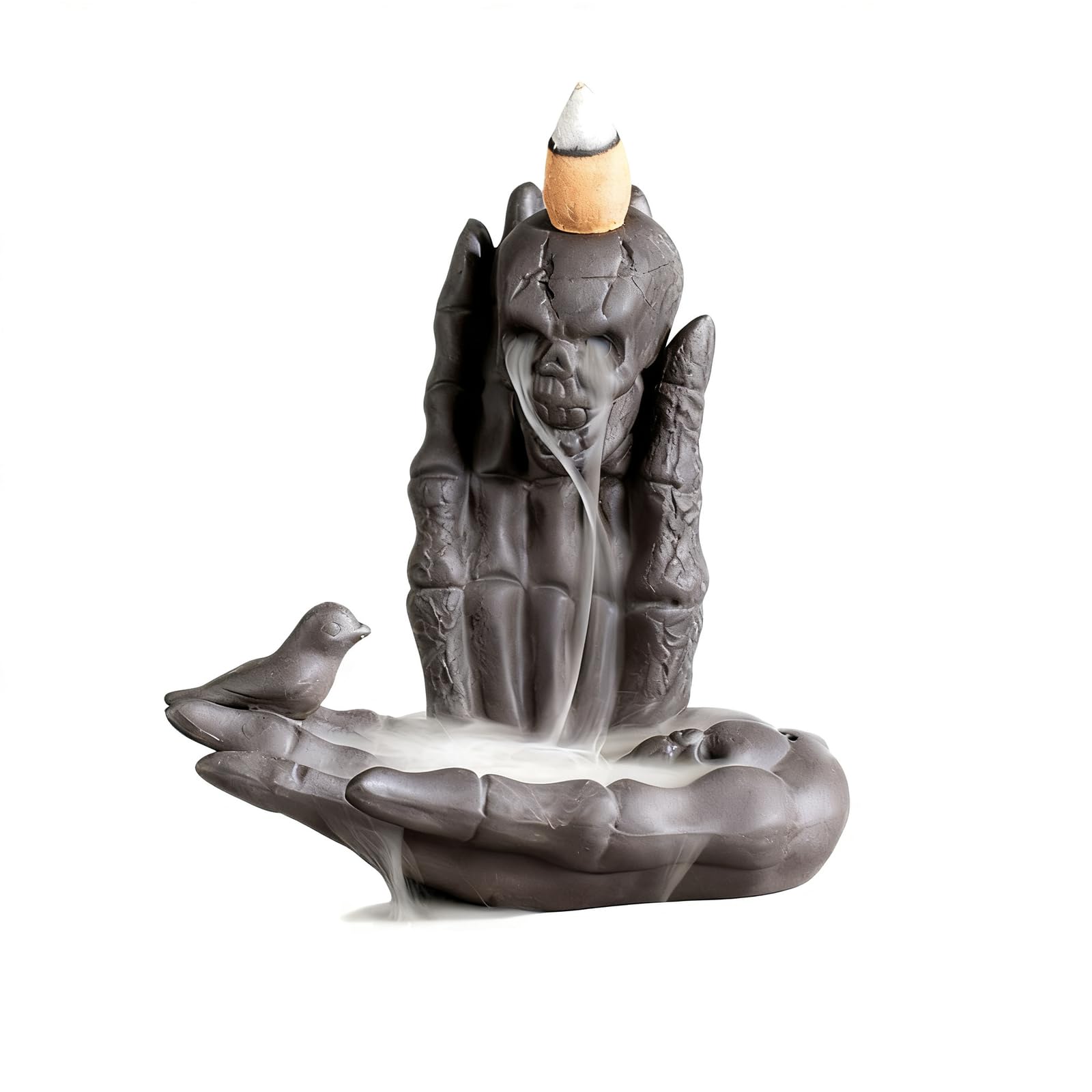 Pixzcsa Hand Rest Skull Compact Tabletop Ceramic Incense Burner Clay Censer,