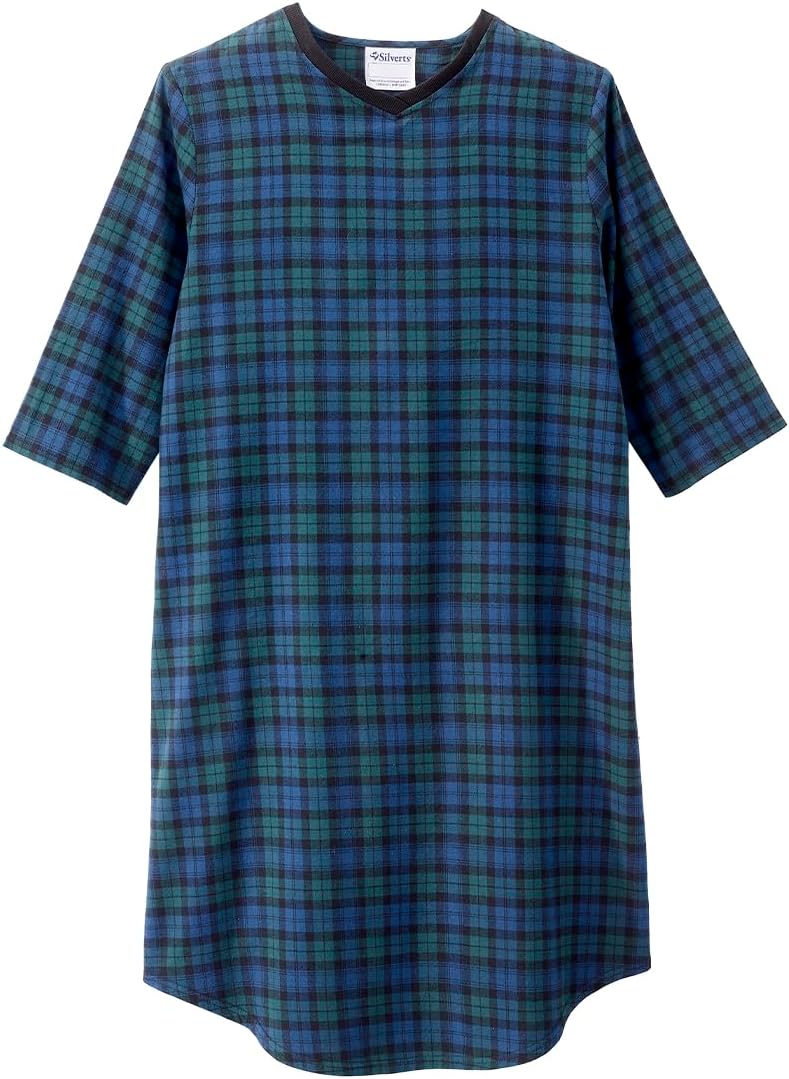 Men’s Open Back Adaptive Flannel Nightgown for Seniors - Back Snap Nightgowns With Dome Closure
