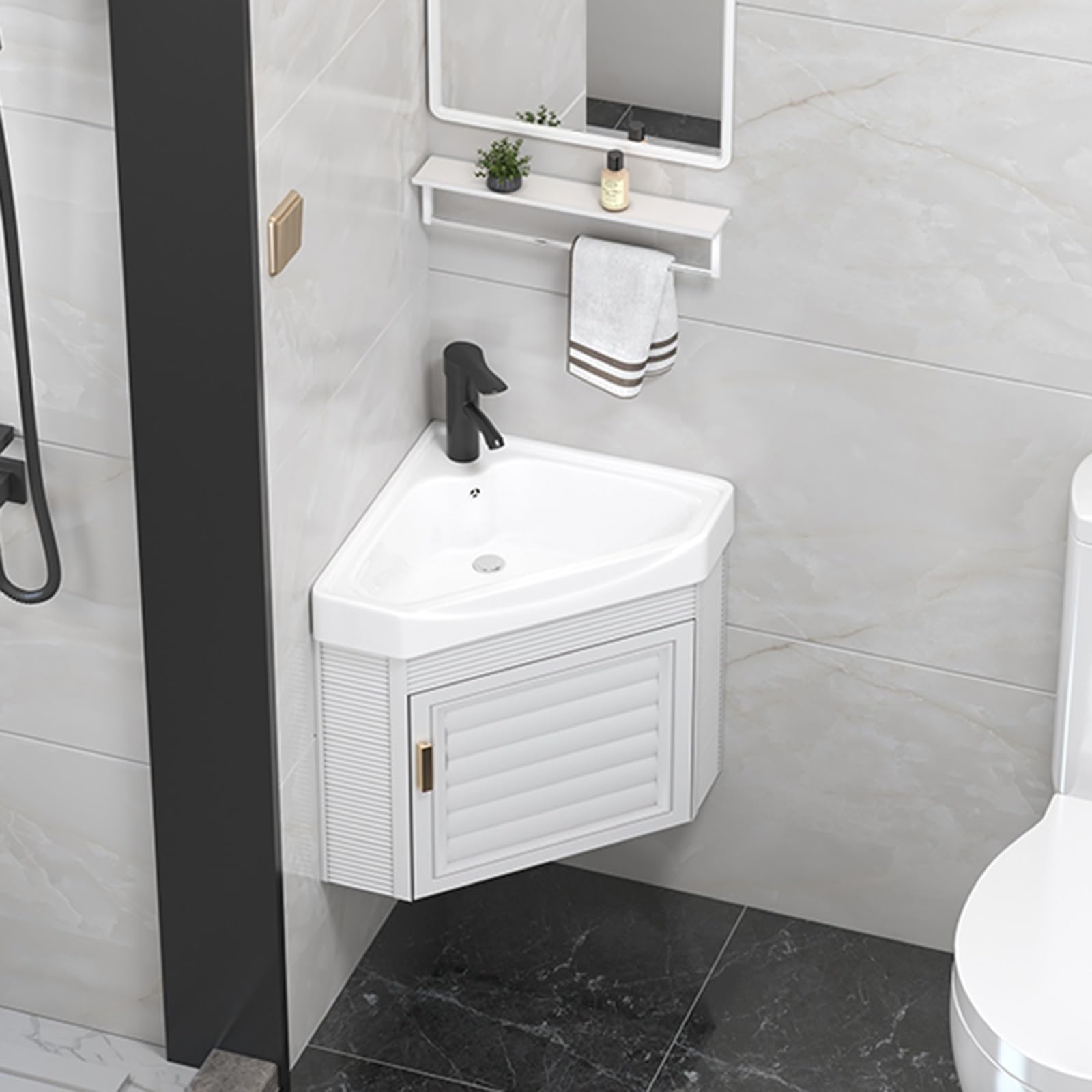 Lavello angolare con piedistallo, lavabo da bagno combinato per piccoli spazi, bagno con rubinetto e scarico, per spazio galleggiante a parete, nero-37 x 48 cm, bianco-37 x 48 cm