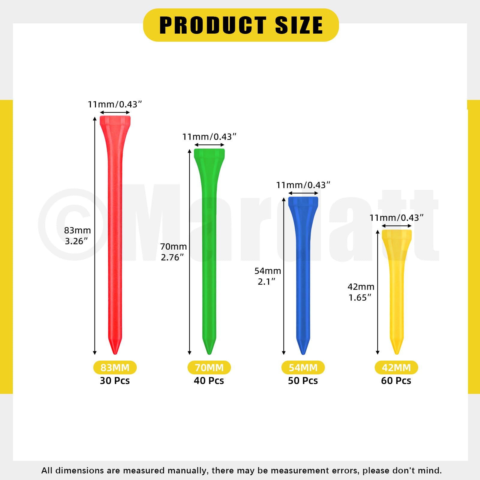 Mardatt 180Pcs Golf Tees, 1-3/5"(42mm), 2-1/8"(54mm), 2-3/4"(70mm), 3-1/4"(83mm) Bamboo Golf Tees - Image 2