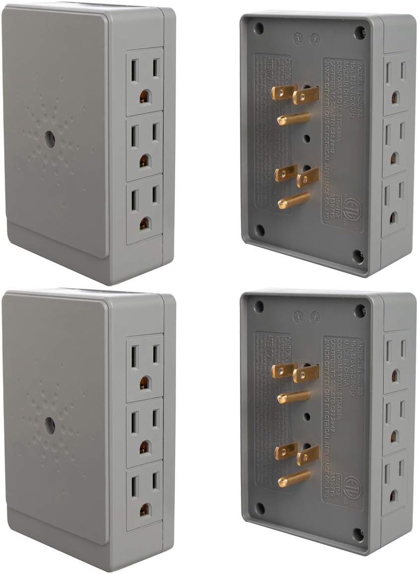 Litesun (4 Pack) Side Entry Outlet Plug 6-Way Electrical Socket Splitter Wall Mount Current Tap Adapter In Grey