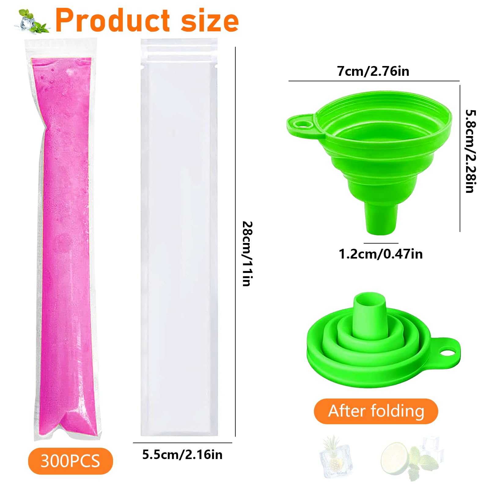 Wassereis Tüten,300Stück Wassereis Formen,Popsicle Taschen,wassereis tüten wiederverwendbar,Eis Pop Beutel Hausgemachte DIY Eisriegel Saft Joghurt 5.5 x 28 cm,mit 1 Trichter.