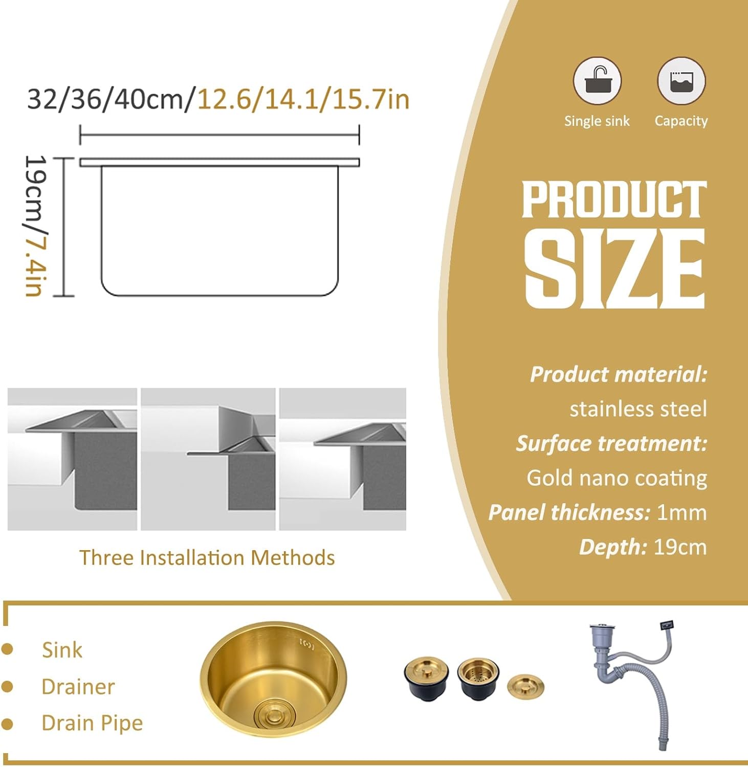 Modern Gold Stainless Steel Bar Sink | Stylish Small Space Prep Sink | Silent Soundproofed Gold Sink(40cm)