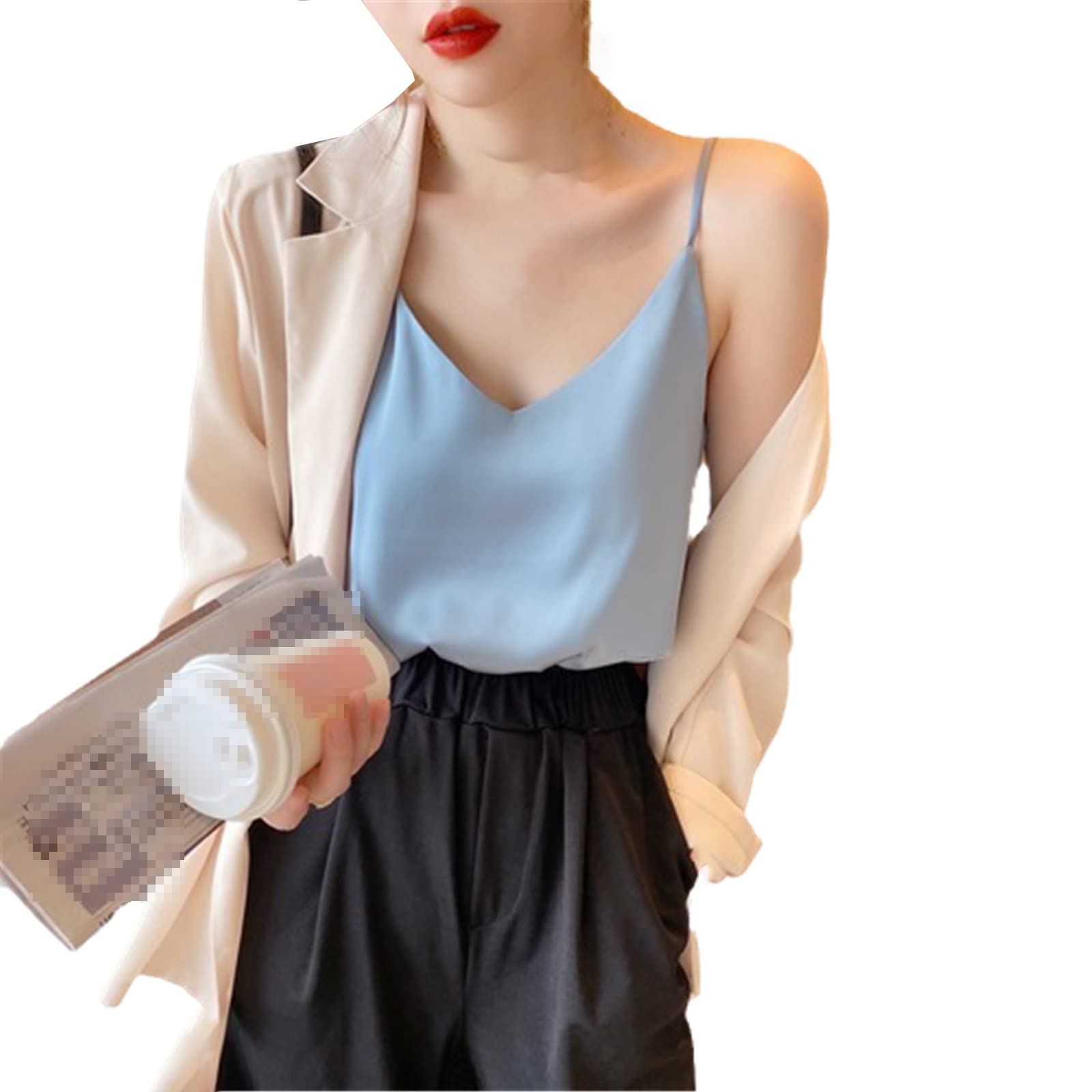 Las mujeres de seda coreana Tops Camis satén chaleco Top moda señora V-cuello Camis mujeres sin mangas blanco Tops Sexy Halter Top, azul (Skyblue), M