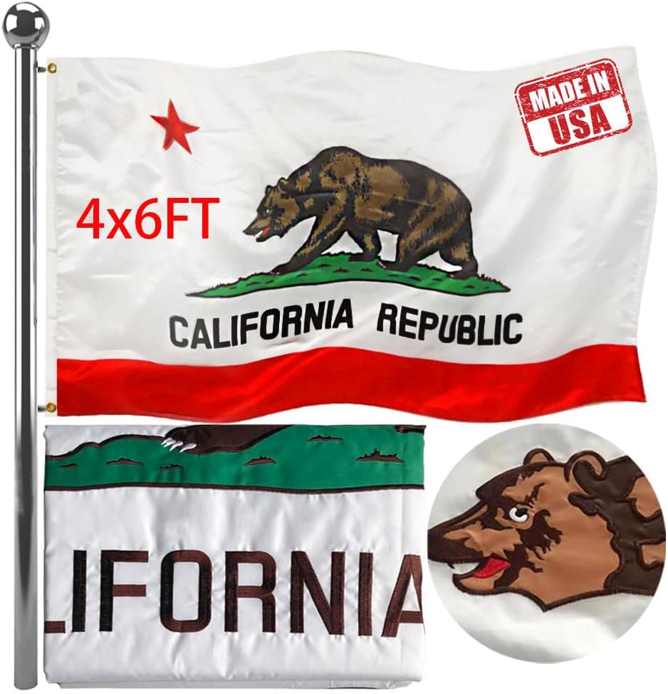 Jayus Double Sided Embroidered California Republic Sates Flags 3x5 FT Outdoor - 340D Heavy Duty Nylon Californian Cali CA Bear Flag Banner with 2 Grommets