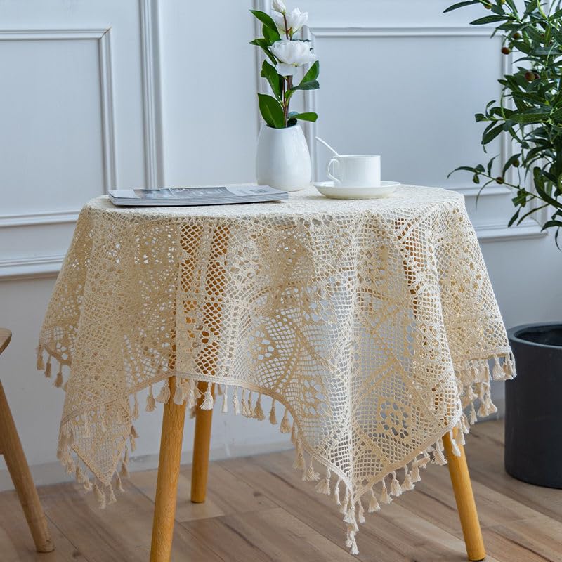 Ręcznie robiony kwadratowy obrus szydełkowany 200 x 140 cm z frędzlami, 100% bawełniana koronka pokrowiec na okrągłe stoliki kawowe, elegancki wystrój domu i stylowy ochraniacz na stół