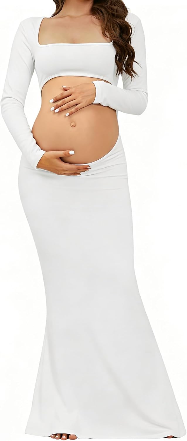 COSYOU Backless Maternity Dress for Photoshoot High Stretch Long Sleeve Open Belly Maternity Maxi Gown for Photography
