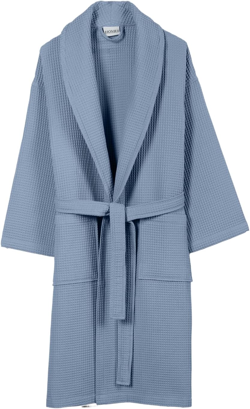 SALBAKOS Home1961 Collection Unisex Waffle Bathrobe – Lightweight 100% Cotton Spa Robe – Blue -XXL