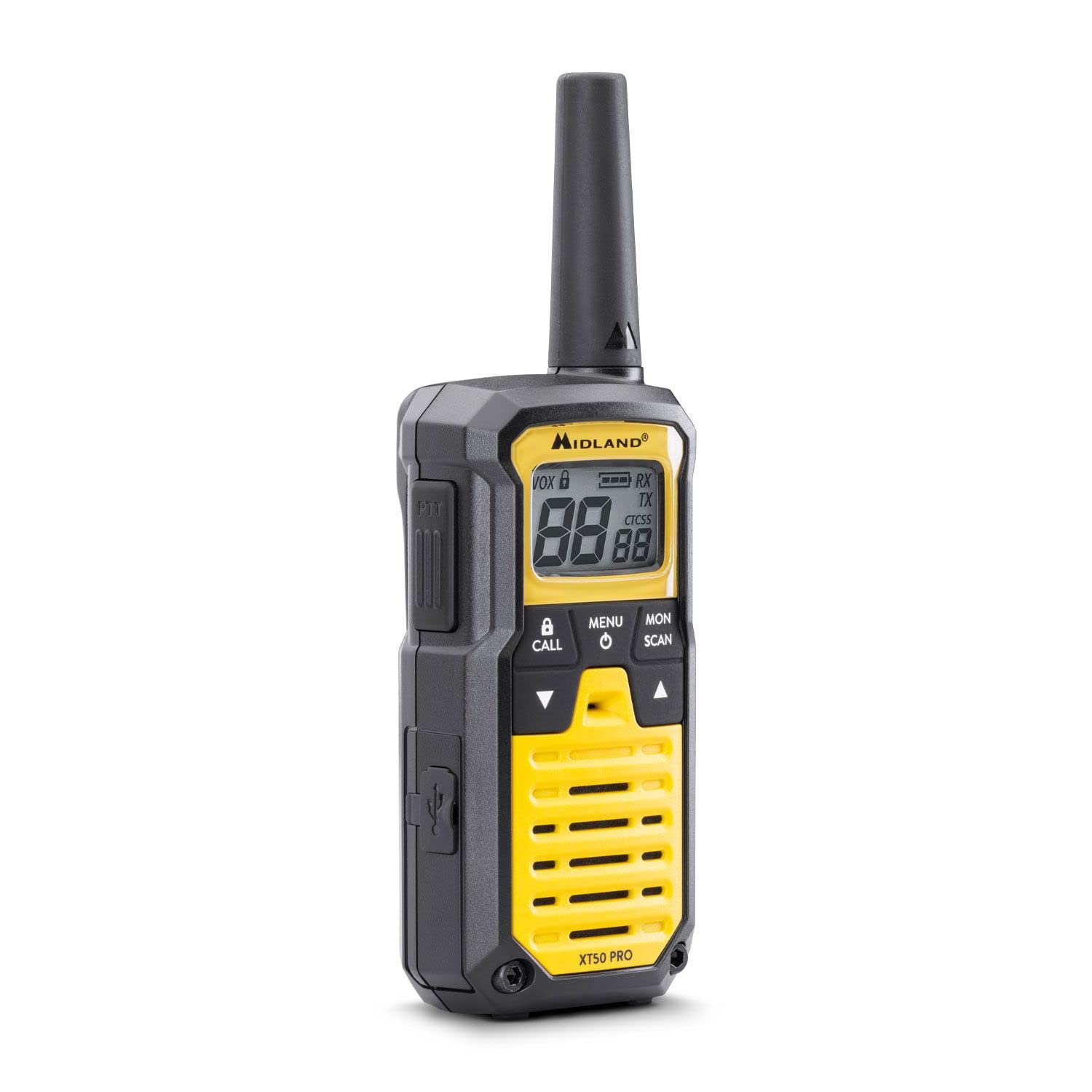 Midland XT50 PRO Twin Hobby & Work, Full Optional, Radio Walkie Talkie z Szybkim Ładowaniem, 85 Kanałów PMR446 i Kanał RRM, Wodoodporne IPX2, USB, Walizka do Transportu, 8Km, Żółty, 2 Jednostki