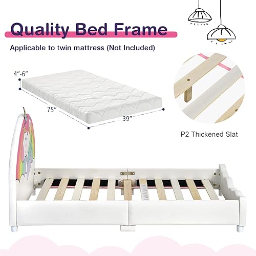 Miniatura 2 de HONEY JOY Marco de cama individual para niños, plataforma de cama individual de madera con cabecera y base de listones, no necesita somier, muebles