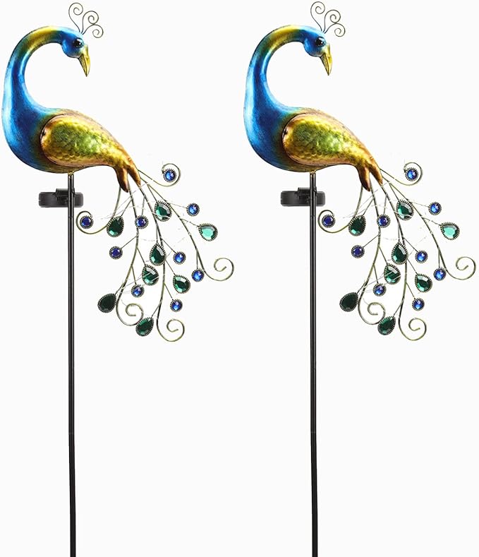 LJFZMD 2 Pack LED Solar Garden Licht Peacock Decor Lawn Lamp Waterdichte zonne -LED -lichten Outdoor Lighting Night Light voor buitenpatiotuin decoraties (warm wit) [Energieklasse A +++]
