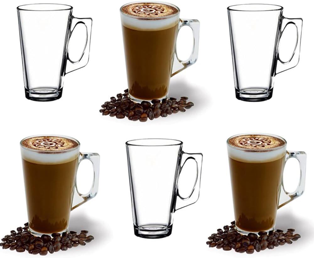 ANSIO Large Latte Glass Coffee Cups - 375ml (12.6 oz) -Pack of 6 Latte Glasses - Compatible with Tassimo Machine