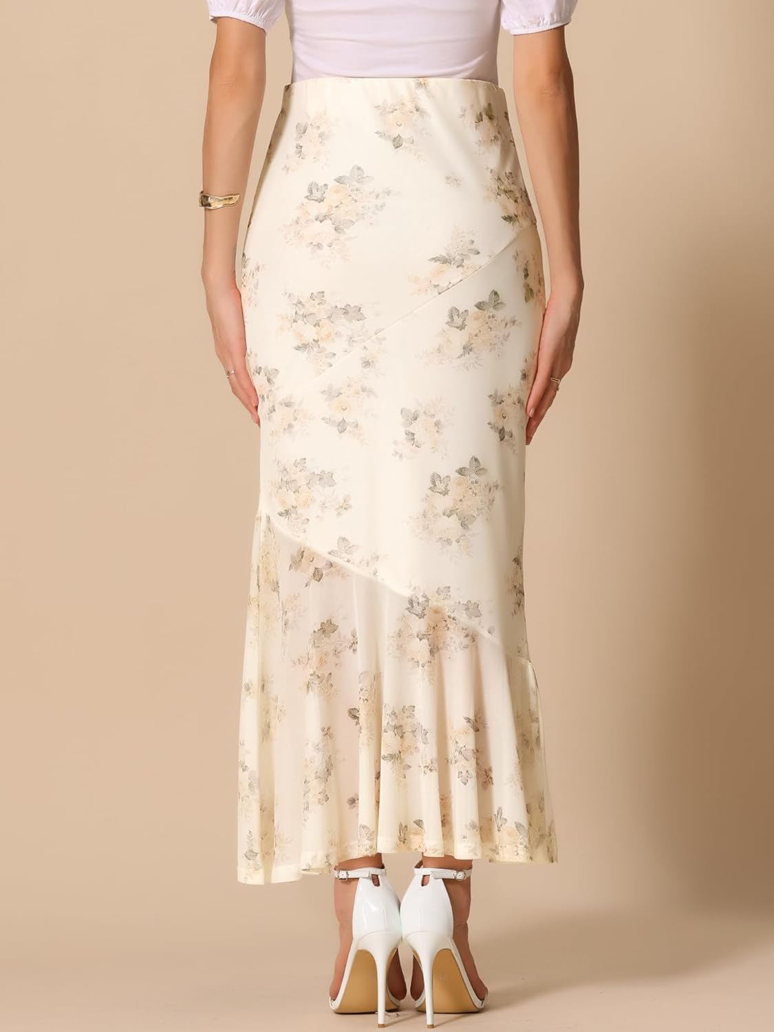 Allegra K Floral Skirts for Women's Ruffle Hem 2025 Summer Long Fishtail Mesh Mermaid Maxi Skirt - Image 3