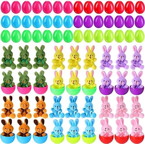 90 Pack Easter Eggs with Mini Plush Bunny in Bulk Cute Stuffed Animal Easter Basket Stuffed Bunny Plush Rabbit for Easter Egg Hunt Party Favors, Easter Gifts for Kids