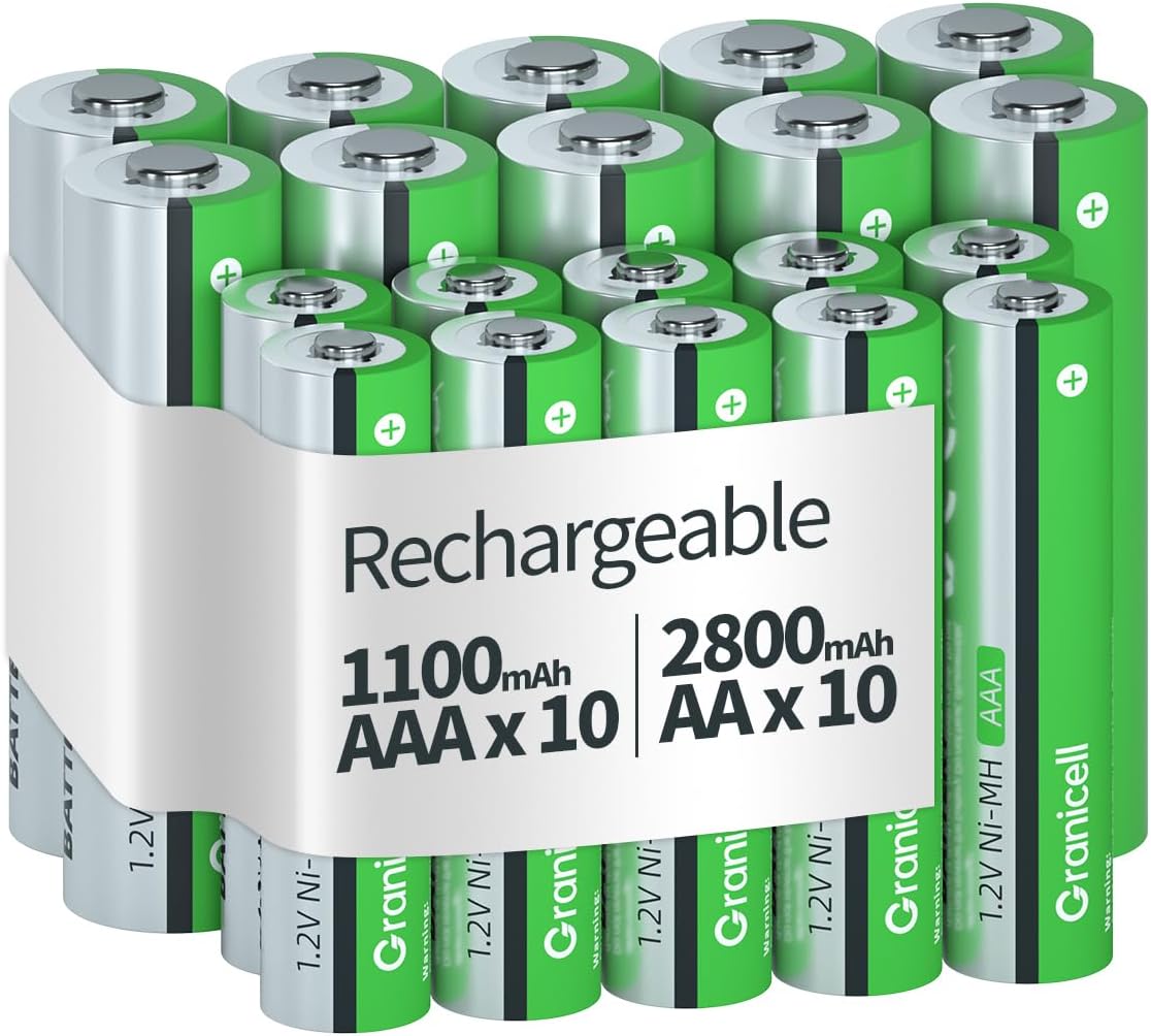 Granicell 20-Pack Rechargeable AA AAA Batteries: 10x 2800mAh AA + 10x 1100mAh AAA NiMH, Low Self-Discharge, 1300 Cycles