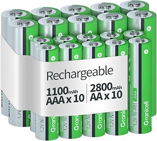 Granicell 20-Pack Rechargeable AA AAA Batteries: 10x 2800mAh AA + 10x 1100mAh AAA NiMH, Low Self-Discharge, 1300 Cycles
