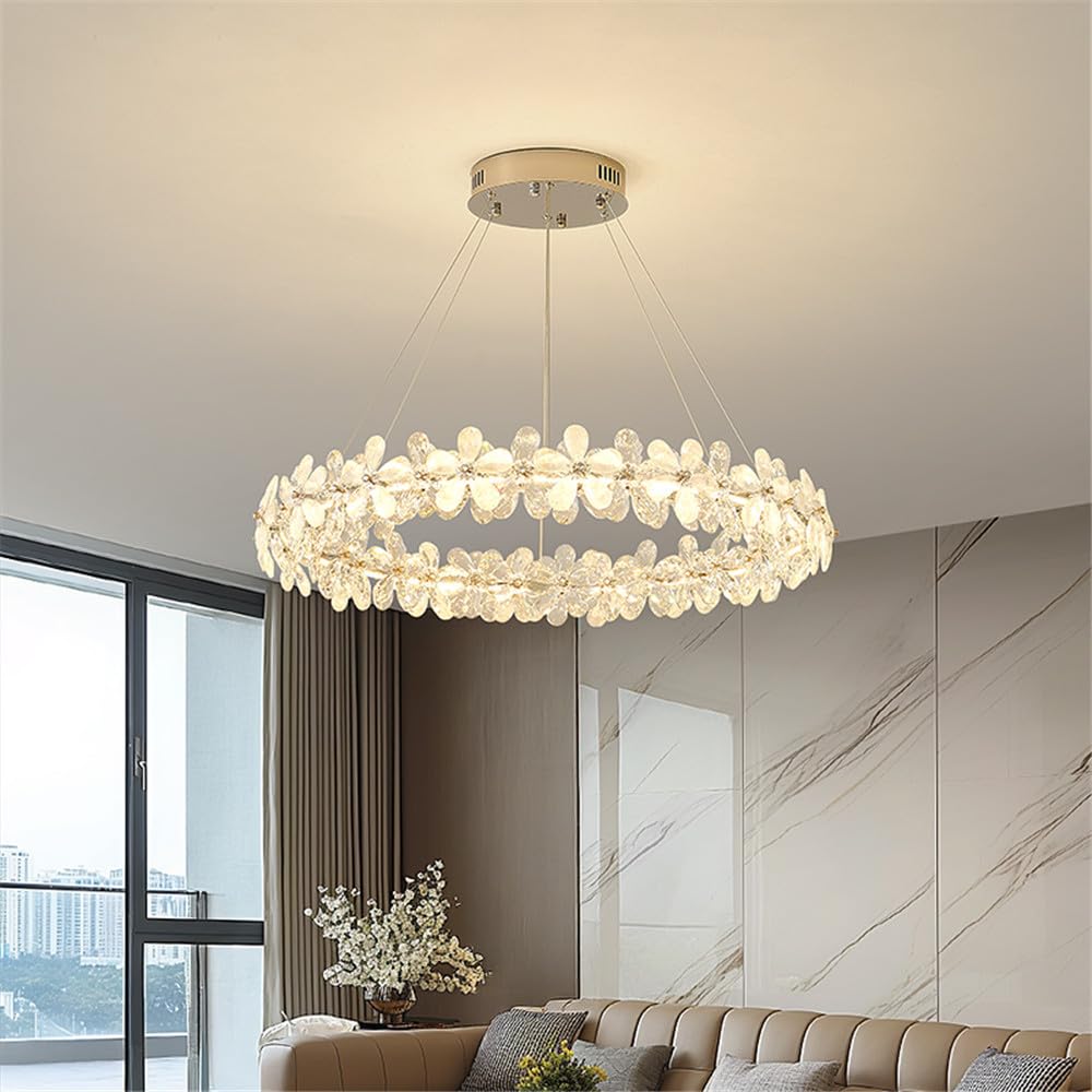 CSXSXAUO Modern Luxury Petal Crystal Pendent Lamp LED Fashion Art Living Room Restaurant Bar Counter Bedroom Villa Staircase Decoration Chandelier (A 1 Ring D80CM)