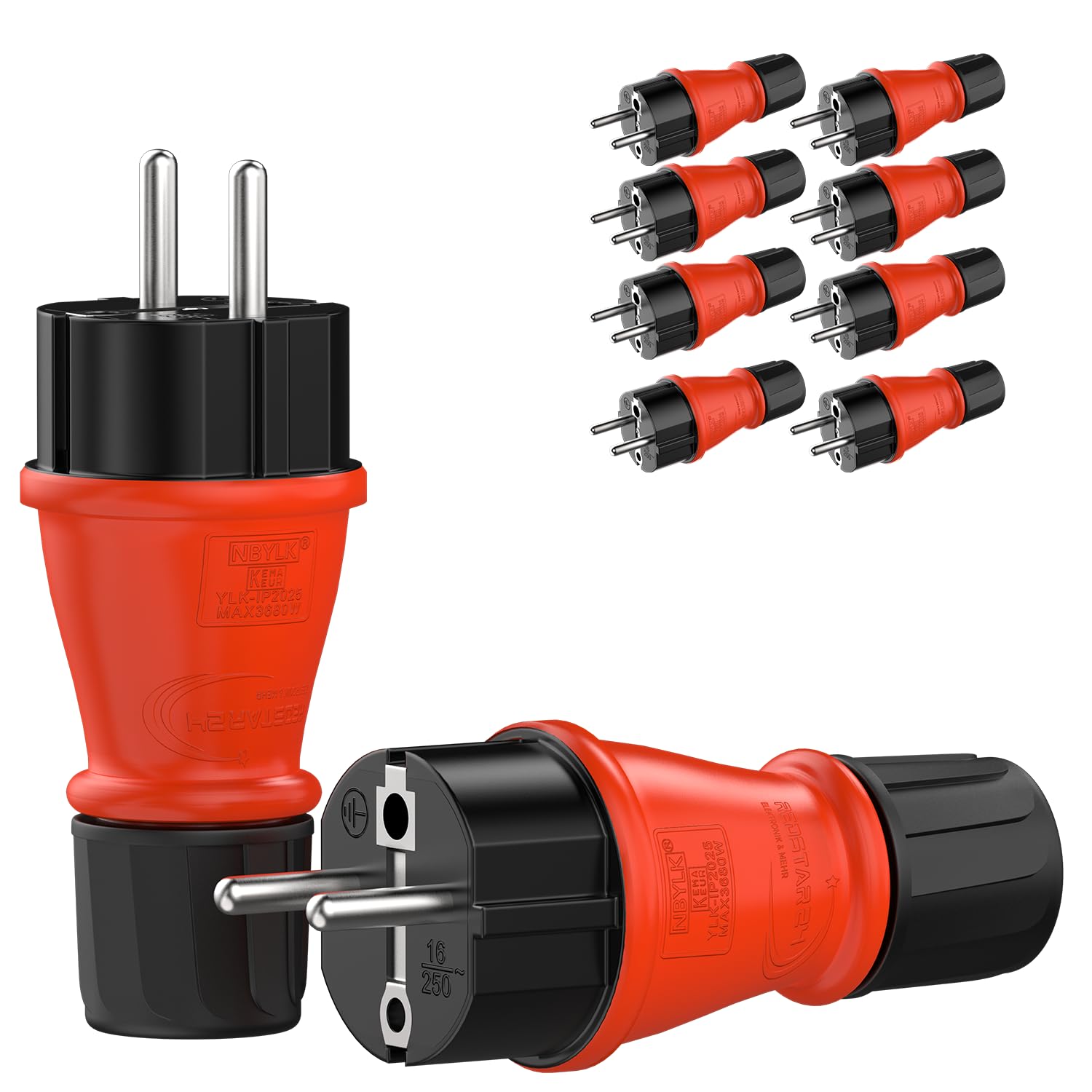 RedStar24 Schuko Stecker 230V IP54 10er Set Robuster Schutzkontaktstecker aus Gummi & Kunststoff, Schwarz Rot | Hermetisch Versiegeltes Design | Perfekt für den Außenbereich | 3-Poliger Stromstecker