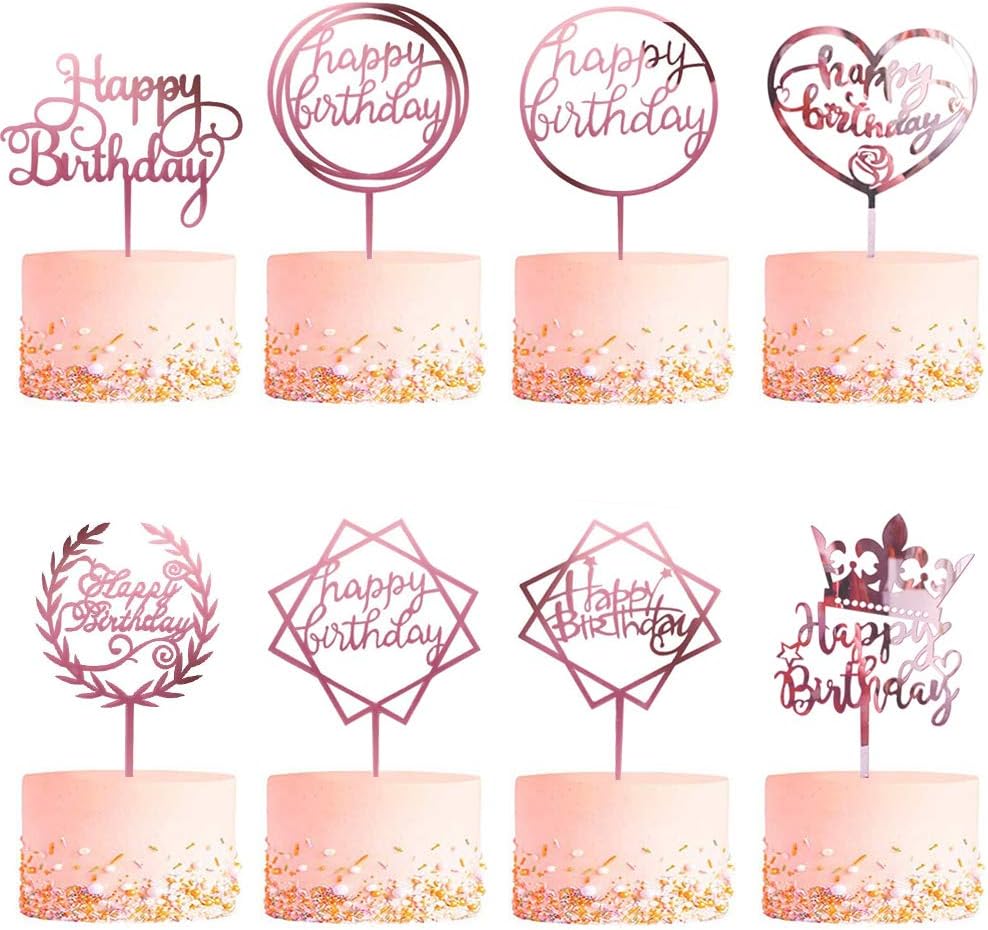 8 Pack Happy Birthday Cake Topper, CBGGQ Acrylic Cupcake Topper for Various Birthday Party Cake Decoration for Girls Kids Baby Birthday Wedding Mother Cake Decorations Supplies (Pink Rose Gold)