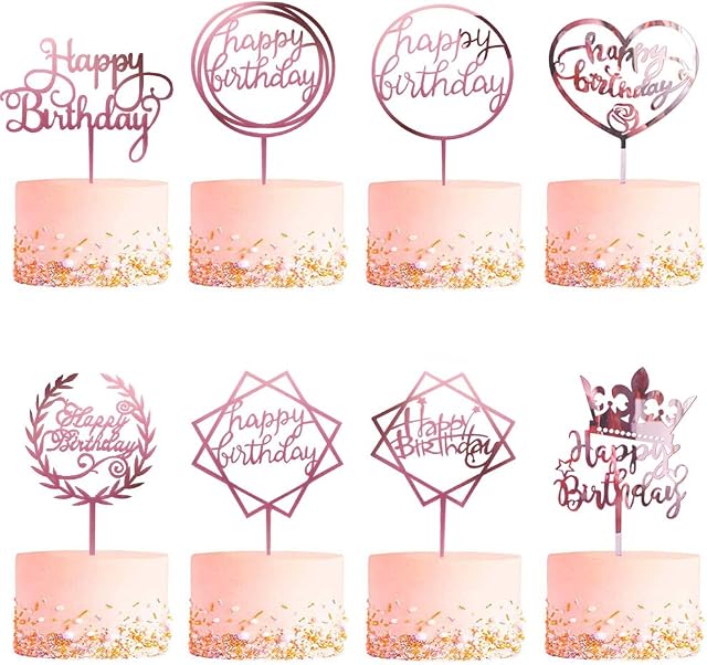 8 Pack Happy Birthday Cake Topper, CBGGQ Acrylic Cupcake Topper for Various Birthday Party Cake Decoration for Girls Kids Baby Birthday Wedding Mother Cake Decorations Supplies (Pink Rose Gold)