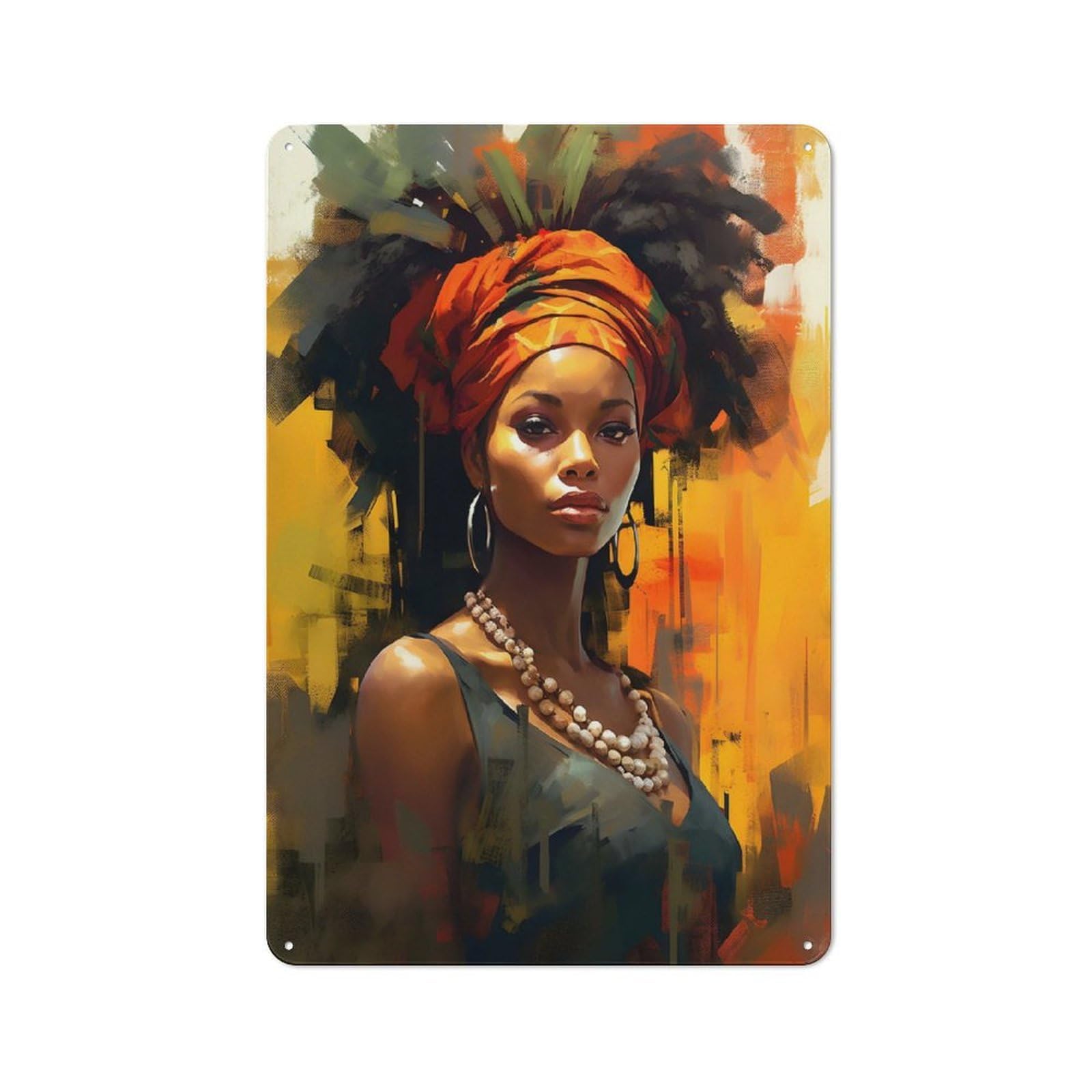 Junmoney Style-17 Metal Plaque 30X20cm With Painted African Woman For Hallway Wall, Rustic Decor, A Metal Wall Feature For Hallways And Entrance Areas