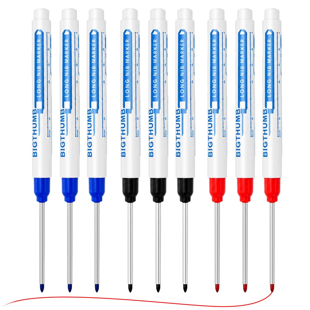 9Pack Long Head Deep Hole Marker Carpenters Pen 30mm Long Nib Deep Hole Marker Pen Set Fine Tip Permanent Marker Pens for Woodworking Metal Glass Marking in Hard to Reach Areas (Black, Blue, Red)