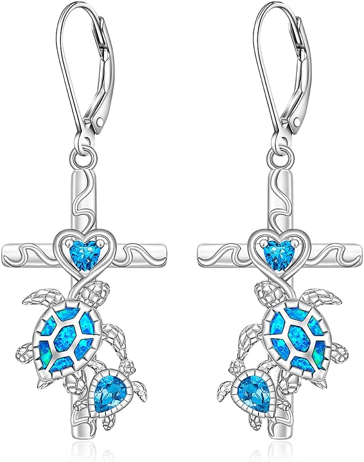 Sea Turtle Earrings for Women Sterling Silver Cross Wave Earrings Turtles Leverback Dangle Hawaii Jewelry Christmas Mothers Day Gifts