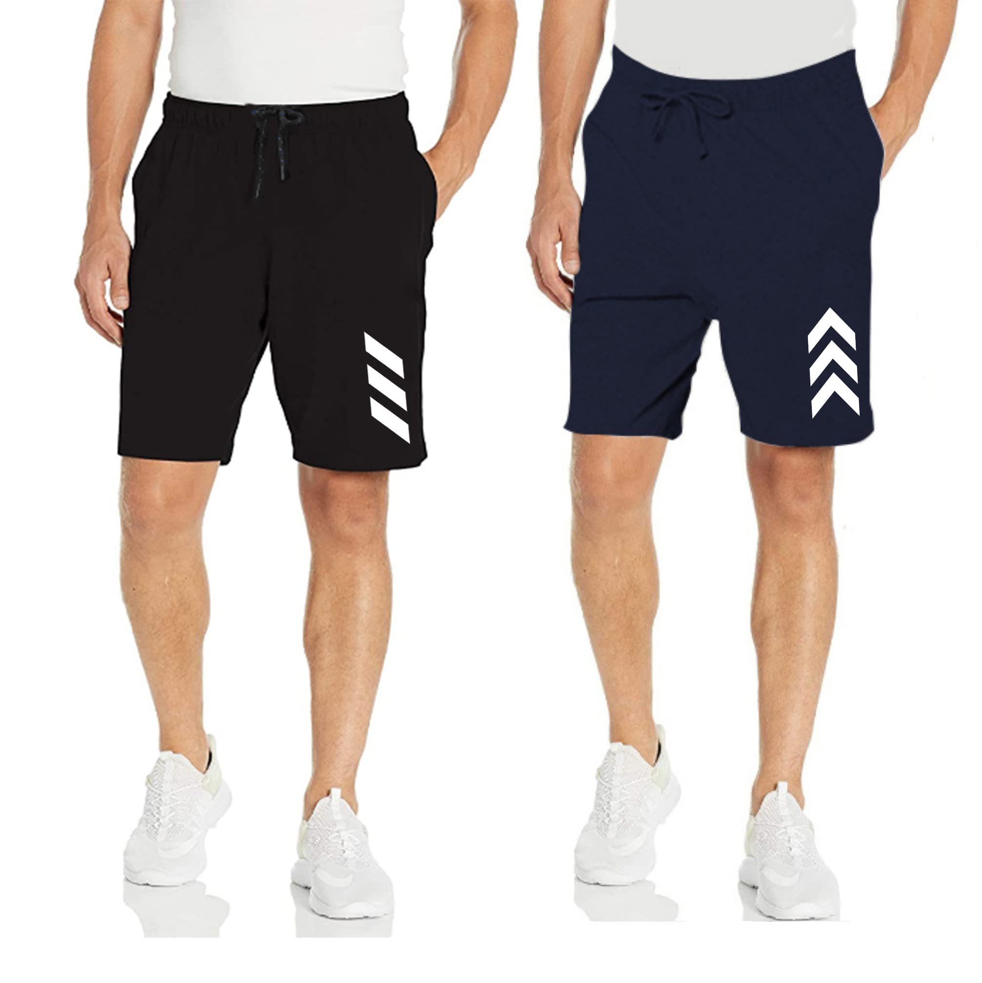 Men's Regular Fit Shorts with Pocket/Casual Knit Shorts/Printed Shorts/Combo Pack of 2 (L, Black-Navy)-image-2