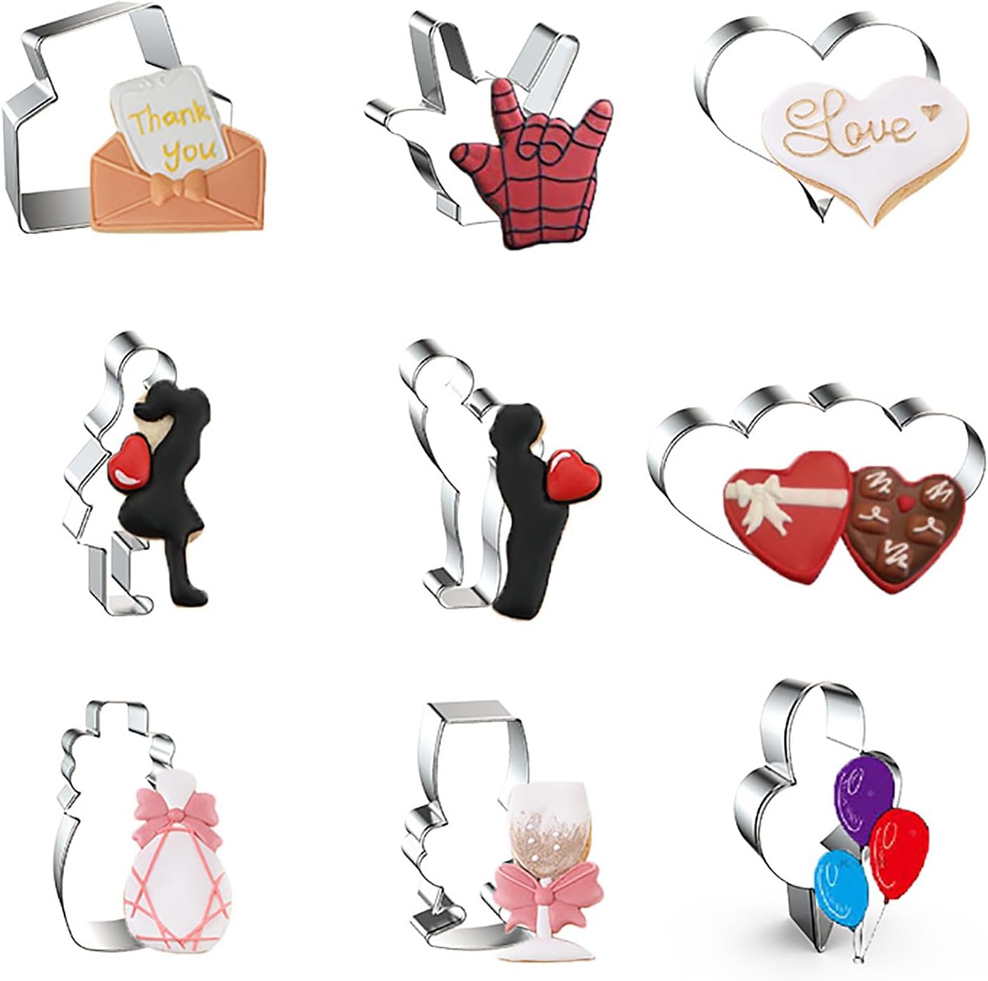 Cookie Cutters 9-Pc Set - Love Letter Envelope Hand Sign I Love You Heart Bridegroom Bride Double Heart Champagne Glass Balloon - A