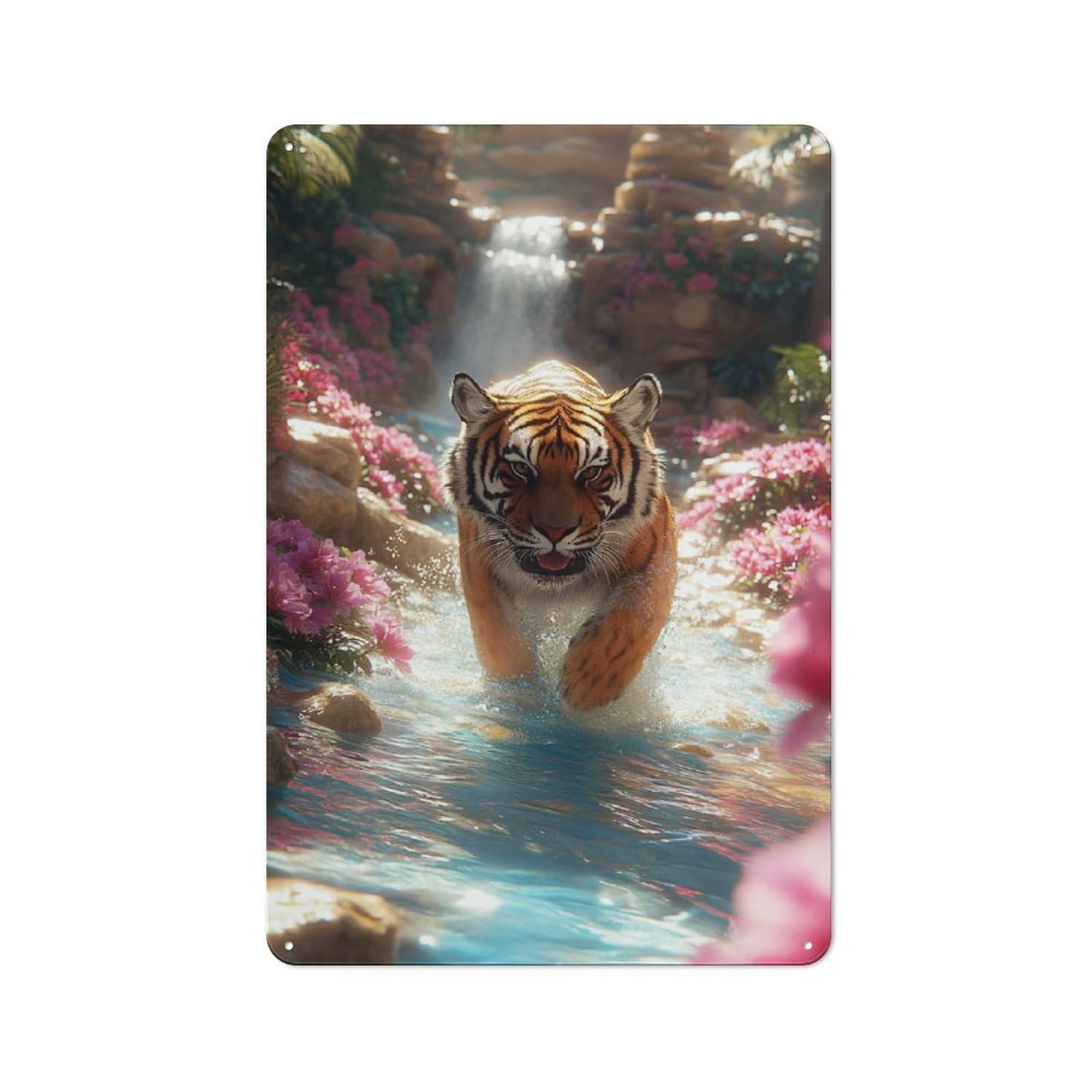 Junmoney Style-24 Modern Retro Metal Wall Art Sign 30X20cm Featuring Tiger In Waterfall Paradise, Urban Room Decor For Workspace, Cafe, Hallway Or Garage