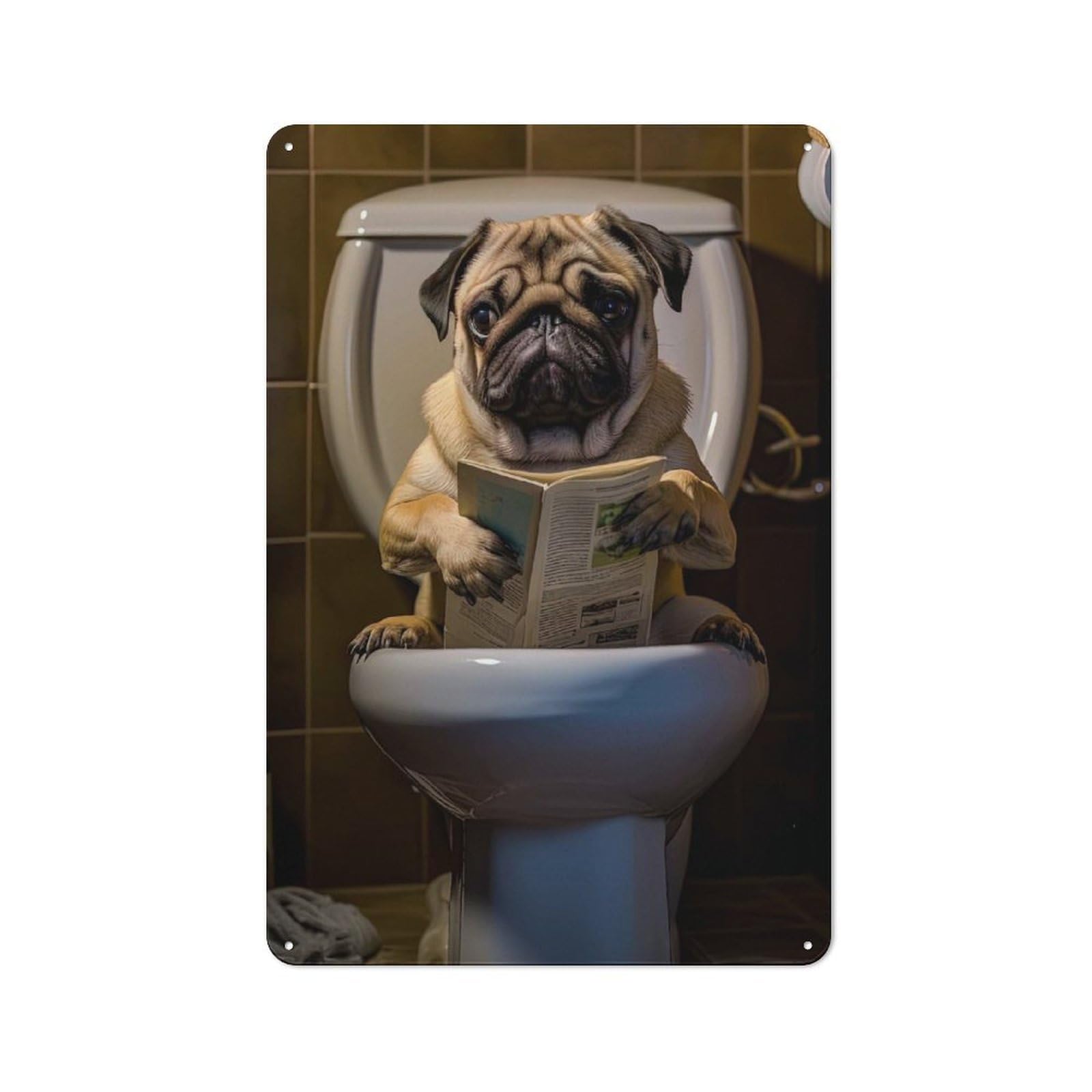 Junmoney Style-11 Metal Wall Sign 30X20cm Featuring Pug Dog On The Toilet For Living Room Wall, For Feature Wall Decorators