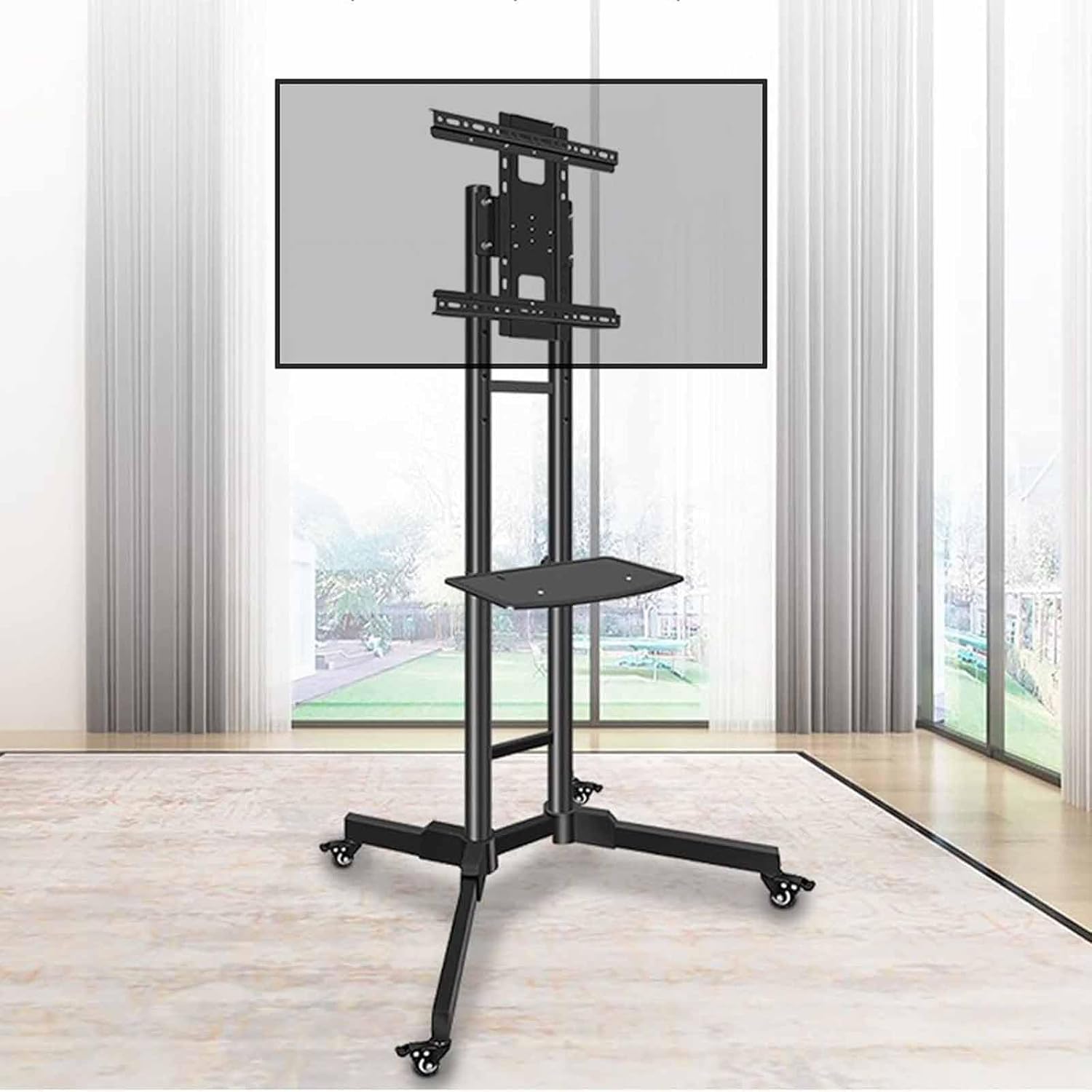 Soporte de piso con ruedas para TV 32-60 pulgadas, altura ajustable, con estante de almacenamiento miniatura 1