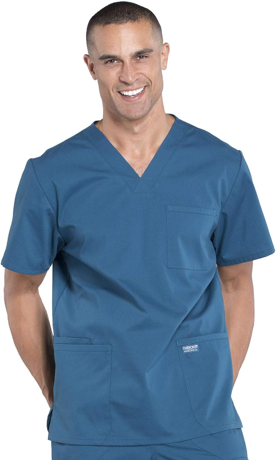 Cherokee Men Scrubs Set Workwear Professionals WW695T V-Neck Top & WW190T Tapered Leg Fly Front Cargo Pant, Caribbean Blue- XL Tall Top/XL Tall Pant
